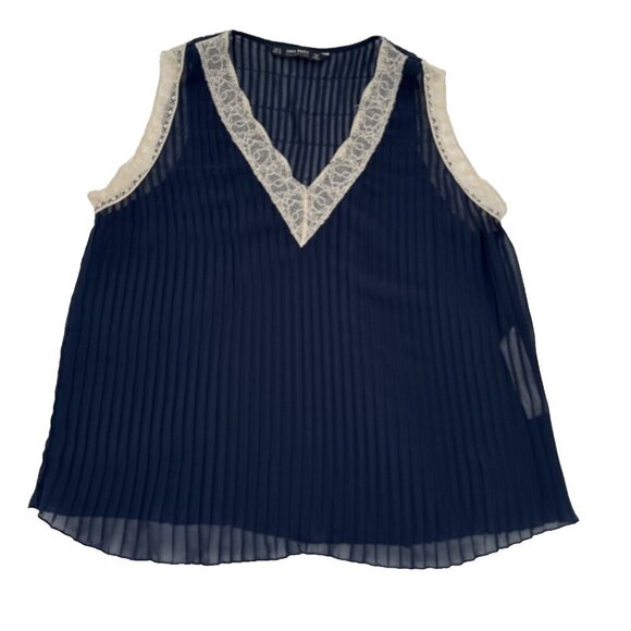 Zara Tops - Zara Size M Women, Navy Blue & Cream lace, sheer pleated Romantic fairy y2k